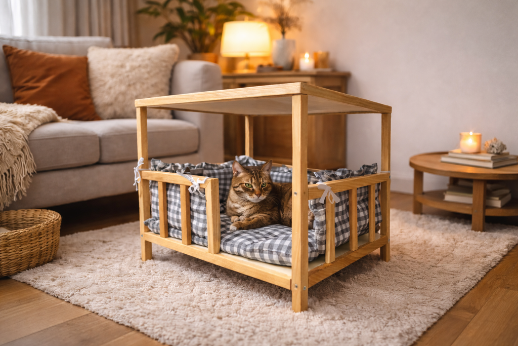 BentoKitty Hundebett Katzenbett aus Naturholz mit Kommode Funktion